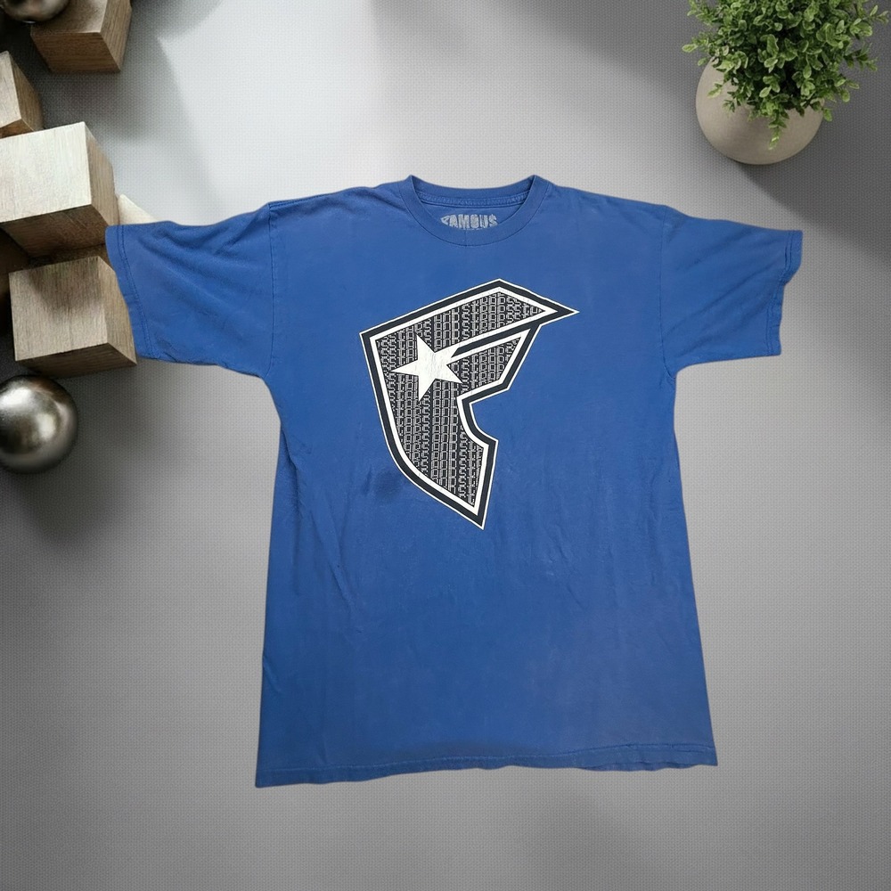Vintage Famous Stars and Straps F Logo Graphic T-Shirt Blue Y2K Skater Mens M